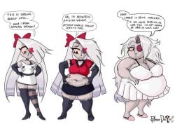 fat_fetish hazbin_hotel morbidly_obese morbidly_obese_female obese obese_female self_conscious tagme tagme_(artist) tight_clothing vaggie_(hazbin_hotel) weight_gain worried worried_expression