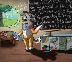 absurd_res anthro bluey_(series) calypso_(bluey) canid canine canis detailed_background dildo domestic_dog female genitals hi_res mammal plant pussy sex_education sex_toy solo somestickygoo teaching tree