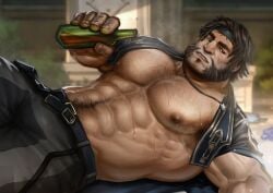 abs arcane bara beard big_pecs clothed clothing drink facial_hair hairy hairy_chest hairy_male happy_trail league_of_legends loris_(arcane) male male_focus male_only mature_male muscular muscular_male nipples pants pecs riot_games shirt_lift shirt_up solo solo_male sweat sweating ylnzei