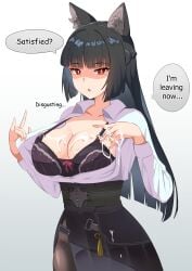 1girls animal_ears anthro black_hair bra breasts cum cum_on_body cum_on_breasts disgusted english_text hoshimi_miyabi looking_at_viewer red_eyes talking_to_viewer text_bubble zenless_zone_zero