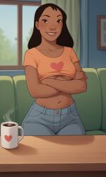 ai_generated bigmic145 black_hair breasts clothed clothed_female dark-skinned_female dark_skin denim_shorts disney female lilo_and_stitch midriff nani_pelekai navel sexually_suggestive stripping t-shirt tease underboob