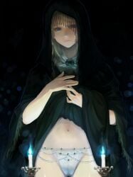 absurdres black_robe blonde_hair blue_eyes brooch cameltoe candle deathbed_smalls elden_ring female fia_the_deathbed_companion fromsoftware highres hooded_robe jewelry lifting_own_clothes lingerie long_hair navel panties robe solo takashima underwear white_panties