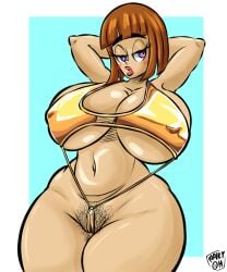 alternate_version_available big_breasts blush breasts danny_phantom female female_only hands_behind_head light_skinned_female madeline_fenton maikyoh nickelodeon pubes pubic_hair short_hair sling_bikini tagme