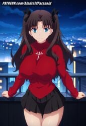 ai_generated aindroidparanoid ass big_breasts brown_hair building busty curvy fat_ass fate/stay_night fate_(series) female female_only green_eyes hips huge_ass huge_breasts large_breasts legs massive_ass outdoors skirt slim_waist stable_diffusion standing sweater thick_ass thick_thighs tohsaka_rin voluptuous waist wide_hips