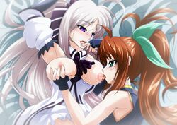 2girls blush breasts brown_hair couple fuuka_reventon green_eyes groping hair_ornament licking lyrical_nanoha mahou_shoujo_lyrical_nanoha multiple_girls nipples purple_eyes ribbon rinne_berlinetta saliva sucking tappa_(esperanza) vivid_strike! white_hair yuri