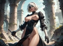 1girls ai_generated black_blindfold black_hairband blindfolded_female breast_cutout breasts breasts_out dex-j dress elbow_gloves female_only holding_weapon loincloth_aside nier:_automata nipples no_panties pubic_hair pussy short_hair_female solo_female sword white_hair_female yorha_2b