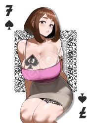 1girls ai_generated blacked boku_no_hero_academia breasts brown_eyes brown_hair casual female helltoyou light-skinned_female my_hero_academia ochako_uraraka poker_cards queen_of_spades tattoo tattoos