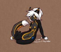 2017 amber_eyes android anthro barely_visible_genitalia breasts canine domestic_cat f-r95 felid feline felis female hair mammal nipples nude original smile solo subtle_pussy warning_(fluff-kevlar) white_hair