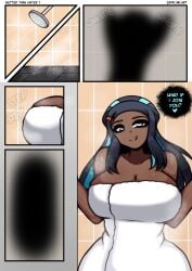 ass ass_on_glass bathroom big_ass blue_eyes blue_hair blush comic comic_page dark_skin female glass nessa_(pokemon) nintendo pokemon pokemon_ss shower smiling tagme towel wetter_than_water_(comic) zapklink