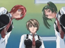 00s 2002 animated bible_black bible_black_gaiden bowtie breasts brown_hair green_eyes green_hair lowres morita_rie necktie purple_eyes red_hair school school_uniform shido_saki short_hair smile tagme takashiro_hiroko tongue tongue_out twintails