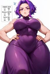 abs ai_generated anger_vein bare_shoulders blush boku_no_hero_academia breasts closed_mouth covered_navel dress english_text female forehead from_below hands_on_hips high_resolution highres korean_text lady_nagant large_breasts long_dress looking_at_viewer muscular muscular_female my_hero_academia purple_dress purple_eyes purple_hair short_hair simple_background sleeveless sleeveless_dress solo speech_bubble stable_diffusion waifuscans418 white_background