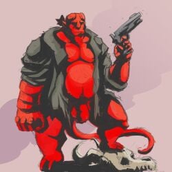 balls bara demon facial_hair flaccid galrock gun hellboy hellboy_(series) male male_only muscles muscular penis sideburns solo solo_male