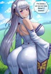 1girl 1girls 4k ai_generated bare_shoulders big_ass big_breasts big_butt blue_sky blush blush_lines blushing braid dat_ass elf elf_ears elf_female elf_girl emilia_(re:zero) female female_focus female_only gem grass grass_field hair_flower hair_ornament high_resolution highres huge_ass huge_breasts huge_butt large_ass large_breasts large_butt long_hair looking_at_viewer looking_back novelai pink_lips pointy_ears purple_eyes purple_ribbon re:zero_kara_hajimeru_isekai_seikatsu ribbon rose rose_(flower) see-through see-through_clothing silver_hair sky smile text text_bubble vermadis2x white_flower x_hair_ornament