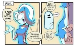 blue_hair clothed clothing comic dialogue duo english_text erection female ghost ghost_girl hair hair_over_eye herny humor male open_mouth phantasma_phantom scooby-doo scooby-doo_and_the_ghoul_school speech_bubble spirit text white_hair