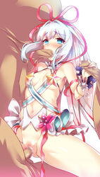 3boys bangs bare_shoulders blue_eyes bracelet breasts character_request clothed_female_nude_male cowgirl_position female gangbang group_sex hair_ribbon handjob interracial irrumatio jewelry juvecross long_hair looking_at_viewer multiple_boys navel nude oral penis red_ribbon revealing_clothes ribbon sex shironeko_project silver_hair small_breasts spread_legs star straddling tearing_up tears vaginal_penetration very_long_hair wrist_cuffs