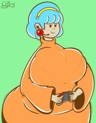 1girls amelia_n. black_eyes blue_hair controller craftedpbody curvy ear_piercing earrings fully_clothed huge_ass huge_breasts nintendo nintendo_switch orange_shirt red_earrings tagme