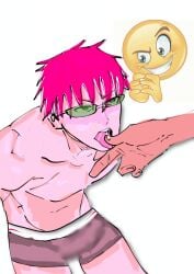 anime bulge_through_clothing emoji finger_in_mouth flustered glasses hard_on ibispaintx male_only one_boy open_mouth pink_hair saiki_kusuo saiki_kusuo_no_psi_nan saliva_string underwear underwear_only