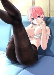 areola_slip ass_visible_through_thighs bare_arms bare_belly bare_shoulders belly_button big_breasts black_pantyhose blue_eyes blush bra bra_down breasts collarbone go-toubun_no_hanayome indoors kosmos_beta legs_up nakano_ichika nipples on_couch pantyhose parted_lips pink_hair shiny_skin short_hair sitting smile strap_slip thighband_pantyhose thighs topless underwear white_bra