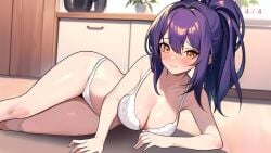 2024 ai_generated big_breasts blue_hair blush bra breasts game_cg green_eyes hentai_girls hot_&_hentai kitchen lingerie lying lying_on_side official_art panties ponytail reddeer_games tagme yui_(hentai_girls)