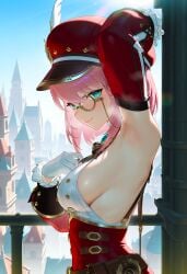 1girls ai_generated armpit_fetish armpits arms_up breasts charlotte_(genshin_impact) genshin_impact green_eyes hat large_breasts monocle nai_diffusion pink_hair sideboob smooth_skin stable_diffusion