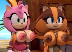 2024 2girls 3d 3d_(artwork) amy_rose amy_rose_(boom) badger big_breasts blue_eyes blue_sky bracelet breasts brown_nipples edit edited edited_image edited_screencap erect_nipples eyelashes female female_only green_eyes hedgehog hedgehog_humanoid huge_breasts ichduhernz large_breasts necklace orange_fur pink_fur pink_nipples screencap screenshot_edit sega shiny_breasts shiny_hair shiny_skin short_hair sonic_(series) sonic_boom sonic_the_hedgehog_(series) sticks_the_badger twin_braids twintails