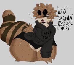 1boy dialog femboy furry furry_only hoodie male male_only raccoon regular_show rigby_(regular_show) solo solo_male text thick_thighs v4mp1333 wide_hips