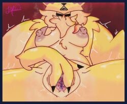 anthro ass bandai_namco big_breasts bodily_fluids breasts butt_grab clothing digimon digimon_(species) elconejoluka female genital_fluids genitals hand_on_butt hi_res humanoid pussy renamon solo vaginal_fluids