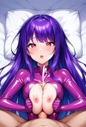 1boy 1girls :o ai_generated areolae bed bed_sheet blossomtea blush blush_lines bodysuit breasts breasts_squeezed_together civitai clothing_cutout cum cum_in_breasts cutout dot_nose ejaculation emi_(kitsune_no_hanashi) erection half-closed_eyes hassaku_xl latex latex_clothing light_blush long_hair male/female male_on_female male_on_top masa_works_design nipples on_back on_bed oni_to_kitsune_no_hanashi paizuri penis penis_between_breasts pillow pov projectile_cum purple_bodysuit purple_hair purple_latex red_eyes self_upload straight testicles white_bed_sheet white_pillow