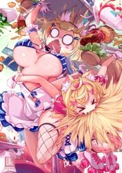 2girls ahoge animal_ear_fluff animal_ears animal_tail antenna_hair apron areola_bulge belly belly_button bikini bikini_top bitting black_legwear black_stockings black_thigh_highs black_thighhighs blonde_eyebrows blonde_female blonde_hair blonde_hair blonde_hair_female blue_bikini blue_bikini_top blue_string_bikini blue_swimsuit blue_swimwear breasts busty busty_female busty_girl calves character_request cleavage closed_eyes collarbone copyright_request dot_nose elbows female female_focus female_only fingers fishnet_legwear fishnet_stockings fishnet_thigh_highs fishnet_thighhighs footwear full_body hair_clip hair_clips hair_ornament hair_ornaments hairband hairclip hairclips high_resolution highres jumping knee_socks knees kneesocks large_breasts lean_body lean_figure legs legwear lips long_hair multiple_females multiple_girls narrow_waist navel nekomimipunks nipple_bulge overknees shoes shoulders simple_background slender_body slender_waist slim_girl slim_waist standing stockings string_bikini striped_bikini striped_bikini_top striped_swimsuit swimsuit swimwear thick_thighs thigh_highs thighhighs thighs thin_waist underboob white_background white_footwear white_shoes