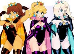 3girls alternate_costume blonde_hair blue_eyes breasts brown_hair female female_only mario_(series) nicolasgravelqc nintendo super_mario_galaxy tagme