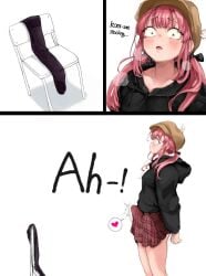 boner boner_under_clothes chair comic_panel crossdressing femboy femboy_only hands_free_ejaculation hat hoodie horny instant_erection komi-san_wa_komyushou_desu pink_hair ponytail skirt stockings tadano_hitohito text thighs white_background