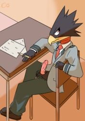 2017 balls beak black_body blush carpetwurm chair class desk embarrassed erection fumikage_tokoyami humanoid_genitalia humanoid_penis male male_only my_hero_academia penis school_uniform sitting sitting_on_chair solo