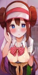 blue_eyes blush breasts_out brown_eyes female_focus female_only hair_bun large_breasts long_hair looking_at_viewer open_shirt pokemon pokemon_bw pov public_nudity rosa_(pokemon) rouka_(akatyann) school_uniform snivy visor whispering