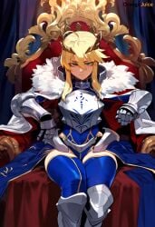 ai_generated armor artoria_pendragon blonde_female blonde_hair crown fate/grand_order fate_(series) female female_only green_eyes queen saber sitting thick_thighs thighs throne