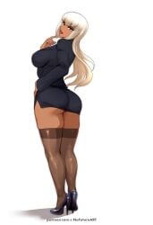 1girls artist_website ass dark-skinned_female dark_skin female female_only heels hi_res long_hair looking_at_viewer nofuture office_lady red_eyes red_lipstick smiling smiling_at_viewer solo stockings thick_ass thick_thighs url white_background white_hair