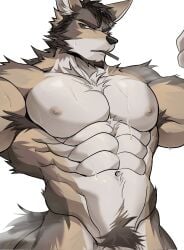 1boy abs animal_ears ao_(chung0u0) bara beard brown_eyes cigar coyote_boy double_biceps_pose echo_project facial_hair flexing furry furry_male highres male_focus male_only muscular muscular_male navel nipples nude pectorals penis_out_of_frame sweat tail the_smoke_room white_background william_adler_(the_smoke_room) wolf_ears wolf_tail