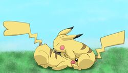 cleft_tail closed_eyes draquarzi duo female feral feral_on_feral fur male mammal nintendo oral orgasm outside pikachu pokémon_(species) pokemon rodent sex simple_background straight video_games yellow_fur