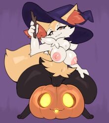 absurd_res anthro areola areolae bedroom_eyes big_breasts braixen breasts edit female food fruit generation_6_pokemon genitals hat headgear headwear hi_res holding_object holding_stick inner_ear_fluff jack-o'-lantern looking_at_viewer multicolored_body narrowed_eyes neck_tuft nintendo nipples orange_eyes plant pokemon pokemon_(species) pumpkin pussy seductive sitting smile solo stick thick_thighs tuft virito witch_hat