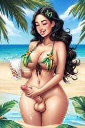 ai_generated beach big_breasts bikini bikini_top black_hair breasts cleavage cum drinking_cum drinking_glass food food_play futanari hawaiian masturbation nude perfect_body small_penis solo standing tagme thick_thighs thighs tropical