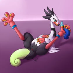 2016 animal_genitalia avian cloaca female feral holding_object holding_sex_toy looking_at_viewer lying on_back presenting presenting_cloaca scarf seductive semi-anthro sex_toy shikaro simple_background solo spread_legs spreading