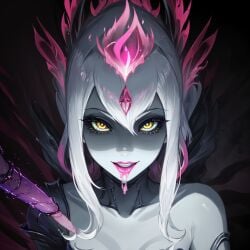 ai_generated cum_dripping_from_mouth cum_in_mouth demon demon_girl dripping dripping_cum evelynn pink_lipstick portrait succubus white_body white_hair yellow_eyes