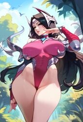 2d ai_generated big_breasts black_hair female female_focus female_only gloves hair_ornament highleg highleg_leotard irelia_xan league_of_legends leotard long_hair outdoors riot_games solo solo_female solo_focus tagme