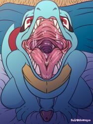 3:4 absurd_res bed bodily_fluids feral foreskin furniture generation_2_pokemon genitals hi_res high-angle_view kneeling male male_focus male_only mouth_shot nintendo no_humans open_mouth penis pokemon pokemon_(species) saliva solo suiro symmetry totodile