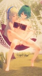 2024 big_breasts blonde_hair breast_grab grabbing_breasts green_hair hikage_(senran_kagura) hug katsuragi_(senran_kagura) koikatsu marvelous masturbation nude_female reading senran_kagura tenguyurilove tribadism yuri