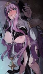 1boy 1girls blue_eyes bukkake cum_drip cum_in_pussy cum_on_body cum_on_breasts cum_on_face habit head_grab huge_breasts nun purple_hair rape shiwashiseika sister_gigant trembling