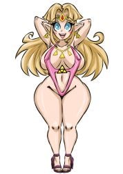 a_link_between_worlds blonde_hair blue_eyes blush breasts cleavage female female_only long_hair maikyoh necklace nintendo princess_zelda sling_bikini the_legend_of_zelda wide_hips zelda_(a_link_between_worlds)