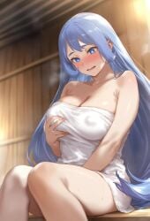 ai_generated areolae_visible_through_clothing bare_thighs big_breasts blue_eyes blue_hair blush boku_no_hero_academia breast_grab huge_breasts huge_thighs implied_masturbation kololon_ai light-skinned_female light_skin long_hair massive_breasts my_hero_academia nejire_hado nipples_visible_through_clothing sauna solo_female squatting sweat sweatdrop thick_body thick_female thick_thighs thighs towel towel_only very_long_hair voluptuous voluptuous_female