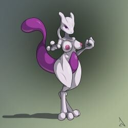 1:1 2024 anthro areola biped blue_eyes breasts digitigrade female front_view generation_1_pokemon grey_body hi_res legendary_pokemon looking_at_viewer medium_breasts mewtwo nintendo nipples nude pokemon pokemon_(species) purple_areola purple_nipples raevild simple_background solo standing thick_thighs