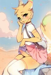 anthro beach biped bottomwear canid canine clothed clothing clothing_lift crossdressing detailed_background erection femboy frenky_hw genitals hair hi_res legwear male mammal no_underwear penis skirt skirt_lift solo thick_thighs thigh_highs