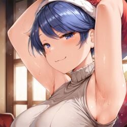 1girls :3 ai_generated armpit_fetish armpits arms_up artstyle_imitation blue_eyes blue_hair blurry_background blush breasts civitai closed_eyes doremy_sweet from_side indoors large_breasts looking_at_viewer naughty_face nightcap ohhai223 self_upload sleeveless solo sweat sweater swept_bangs touhou turtleneck upper_body window